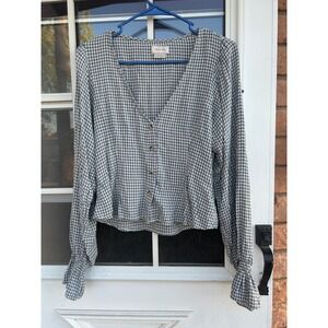 Brixton Womens Gingham V-Neck Button Front Blouse Smocked Small Preppy Coastal